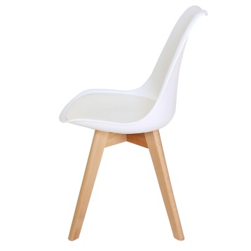 Silla de diseño moderno asiento blanco con respaldo curvo y patas de madera natural