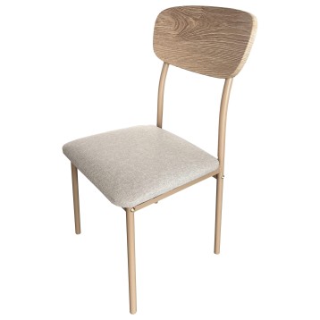 Silla de comedor con respaldo y asiento acolchado en tela beige y estructura en madera clara