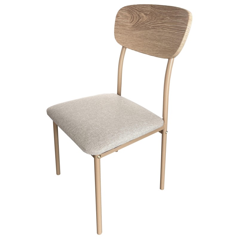 Silla de comedor con respaldo y asiento acolchado en tela beige y estructura en madera clara