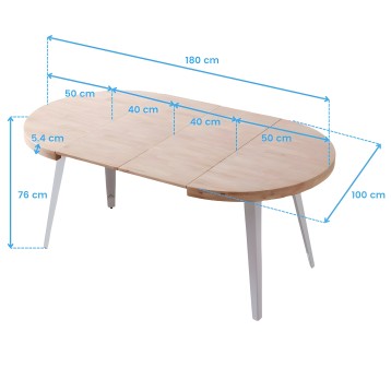 Mesa extensible ovalada de madera natural con patas grises y medidas de referencia en vista técnica