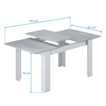Mesa extensible blanca con tablero gris y patas de madera. Diseño moderno con extensión central desplegable
