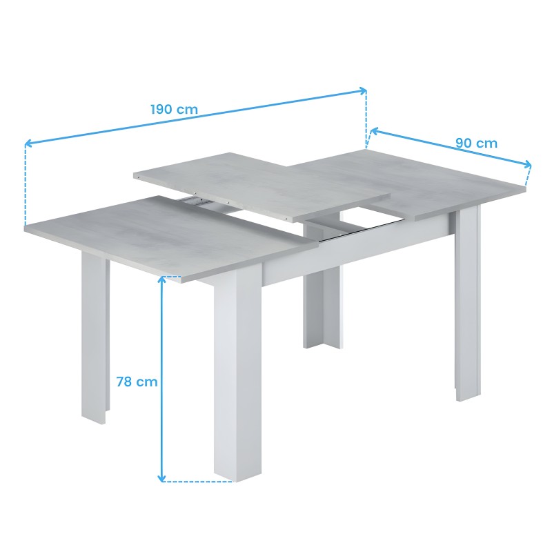 Mesa extensible blanca con tablero gris y patas de madera. Diseño moderno con extensión central desplegable