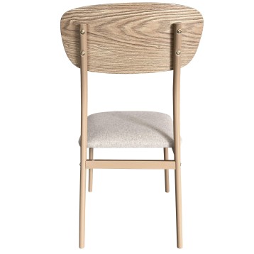 Silla con respaldo redondeado en madera clara y asiento tapizado en lino gris y estructura de madera natural