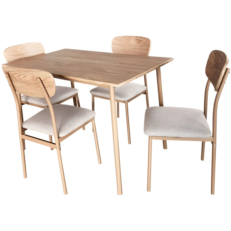Conjunto de comedor nórdico con mesa rectangular en madera y cuatro sillas de madera clara con asiento tapizado en gris