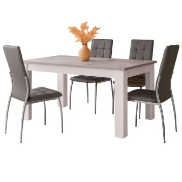 Comedor con mesa rectangular blanca y gris y sillas grises acolchadas en ambiente de decoración