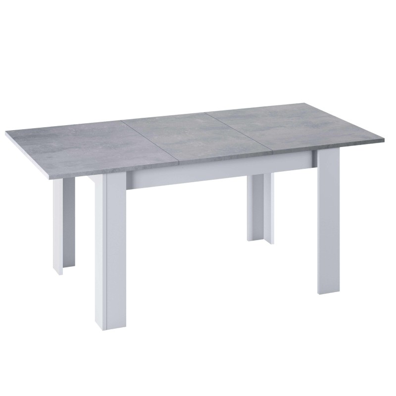 Mesa de comedor extensible con tablero gris cemento y patas blancas
