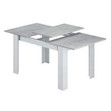 Mesa extensible con tapa gris cemento y estructura blanca con pata central y extensión deslizante