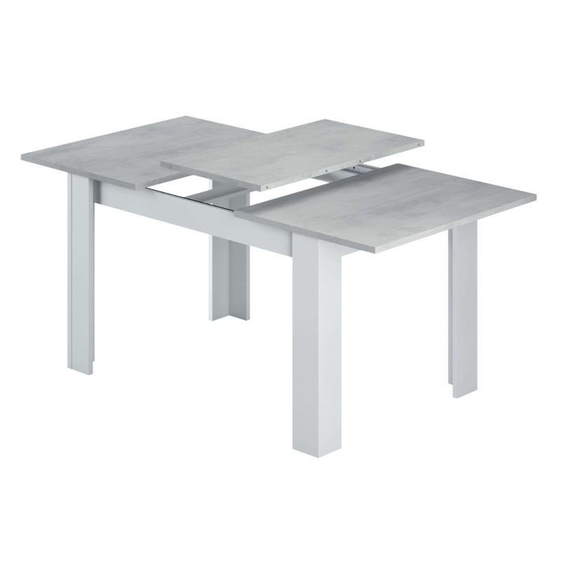 Mesa extensible con tapa gris cemento y estructura blanca con pata central y extensión deslizante