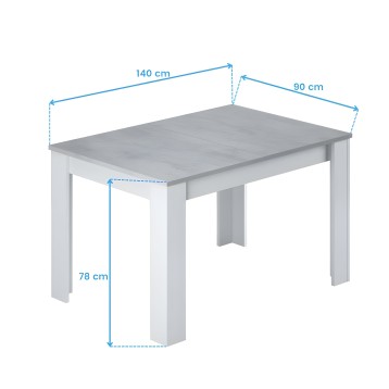 Mesa de comedor extensible con tablero gris y patas blancas. Vista general con medidas