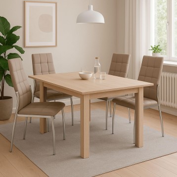 Comedor con mesa rectangular madera clara y sillas tapizadas beige con patas metálicas en ambiente luminoso
