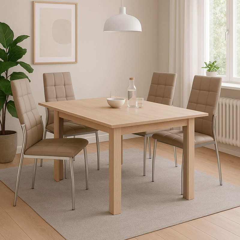 Comedor con mesa rectangular madera clara y sillas tapizadas beige con patas metálicas en ambiente luminoso