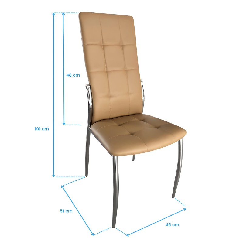 Silla de comedor tapizada en beige con respaldo acolchado y estructura metálica gris