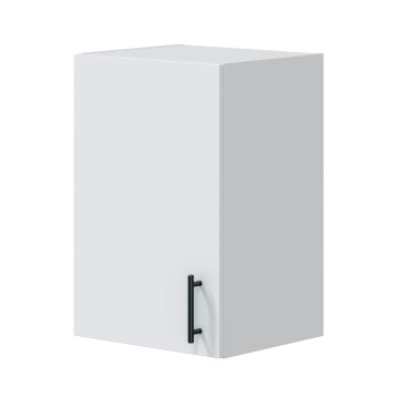 Mueble colgante blanco con puerta y tirador negro en ángulo frontal