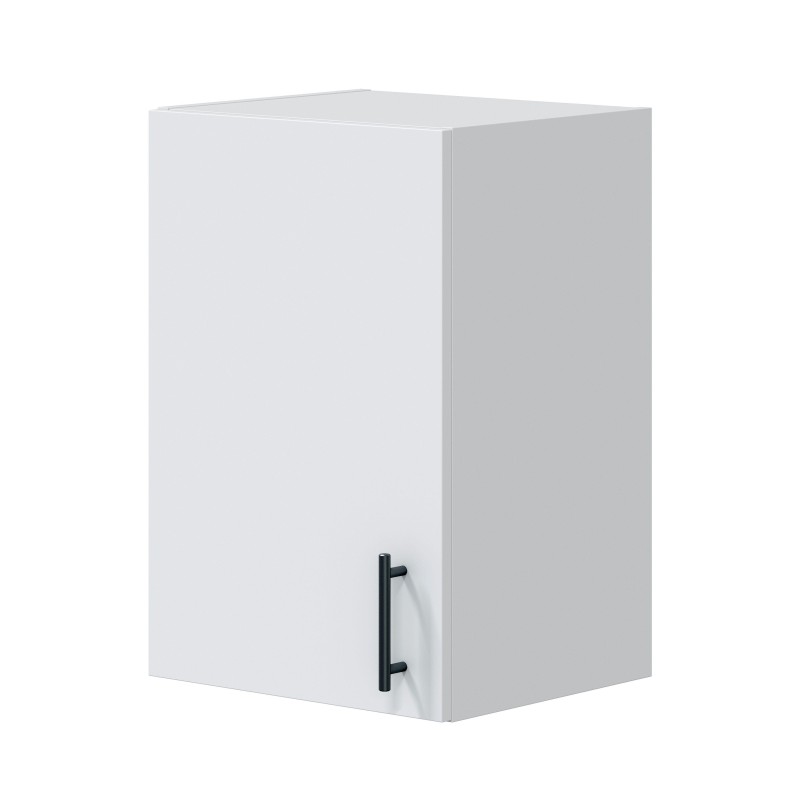 Mueble colgante blanco con puerta y tirador negro en ángulo frontal