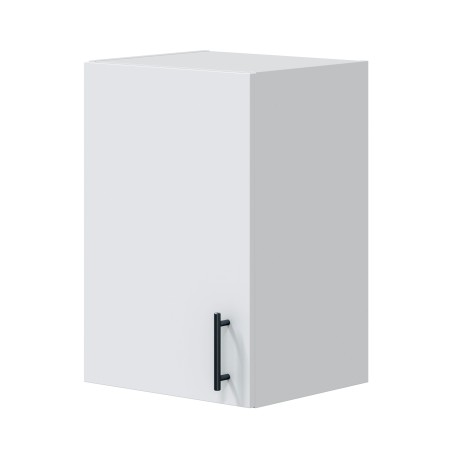 Mueble colgante blanco con puerta y tirador negro en ángulo frontal