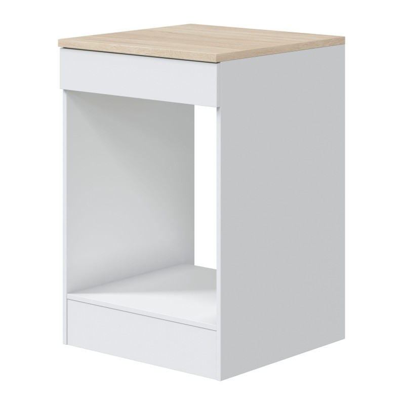 Mueble de cocina blanco con tapa de madera clara y nicho abierto con cajón inferior