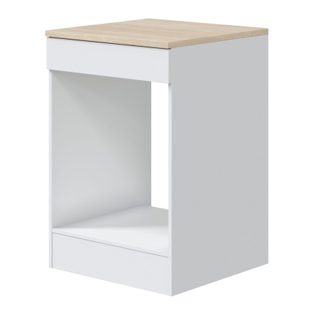 Mueble de cocina blanco con tapa de madera clara y nicho abierto con cajón inferior