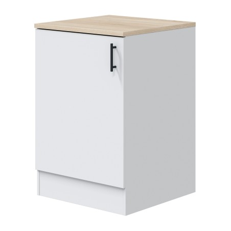 Mueble bajo cocina blanco con puerta y encimera madera clara con tirador negro metálico