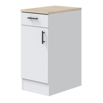 Mueble base de cocina blanco con puerta y cajón y encimera de madera clara