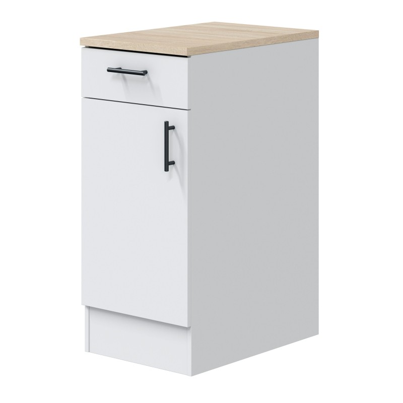 Mueble base de cocina blanco con puerta y cajón y encimera de madera clara