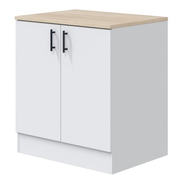 Mueble bajo de cocina blanco con dos puertas y encimera de madera clara y tiradores negros