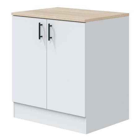 Mueble bajo de cocina blanco con dos puertas y encimera de madera clara y tiradores negros