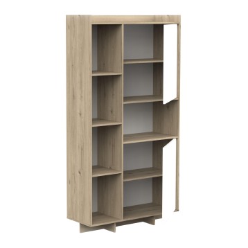 Estantería de madera clara con múltiples compartimentos y puertas abatibles blancas laterales