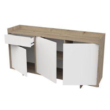 Aparador de madera natural con puertas blancas y cajón superior abierto mostrando interior gris