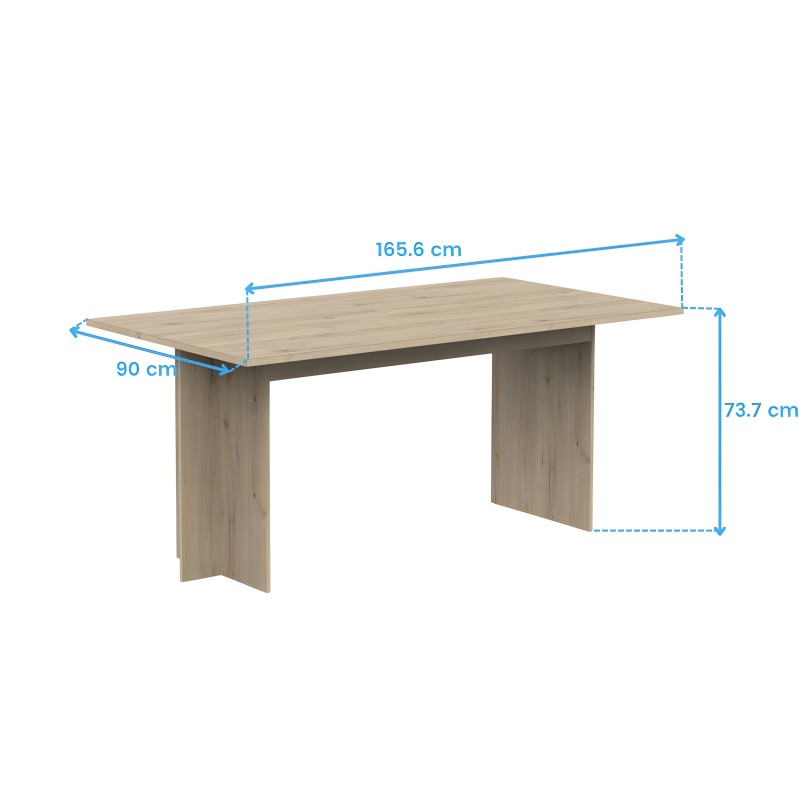 Mesa de comedor rectangular en madera clara con base de panel y tablero superior liso. Vista de medidas y ángulo frontal