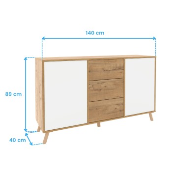 Aparador de madera natural y puertas blancas con tres cajones centrales y patas inclinadas