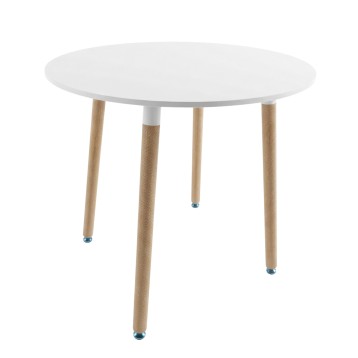 Mesa redonda blanca con patas de madera natural y detalles metálicos azules