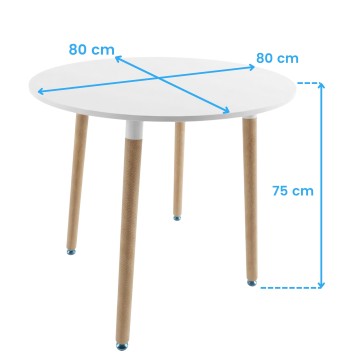 Mesa redonda blanca con tablero liso y patas de madera natural con detalles metálicos