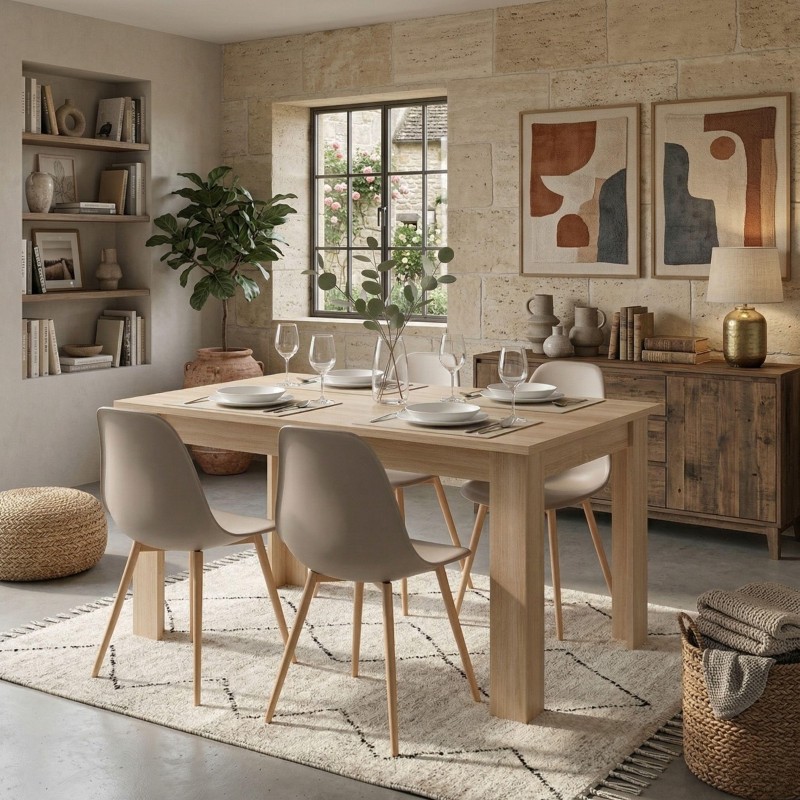 Mesa de comedor rectangular en madera clara con sillas tapizadas beige y patas de madera en ambiente de comedor