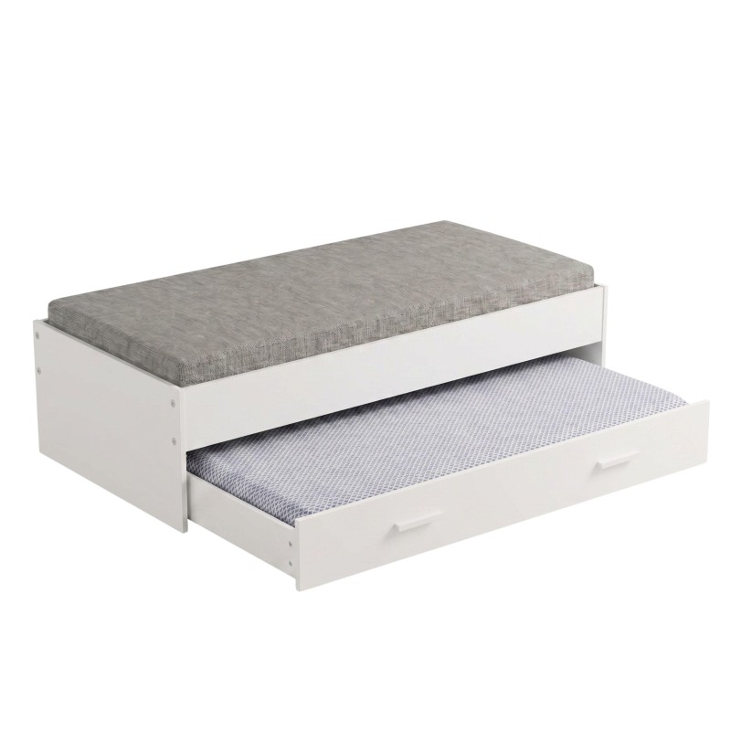 Cama nido blanca con colchón gris superior y colchón azul en cama inferior extraíble
