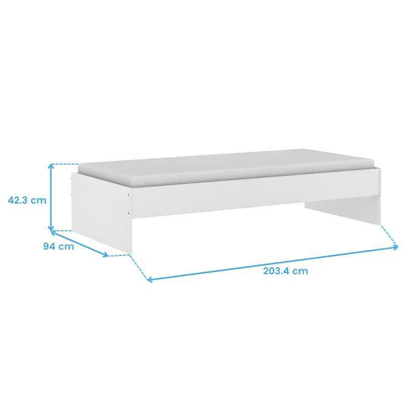 Cama individual blanca con colchón gris y diseño moderno con lateral abierto