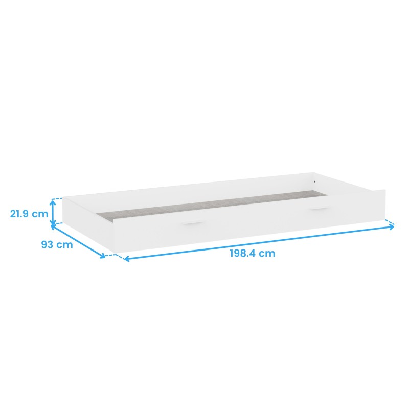 Cajón de cama blanco con estructura rectangular y tirador frontal integrado