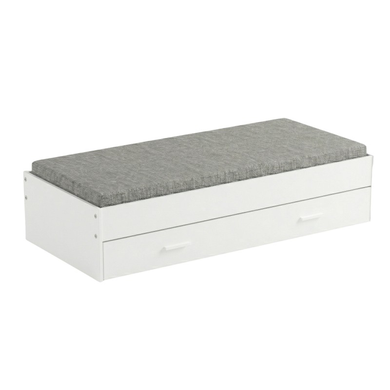 Cama nido blanca con colchón gris y cajones de almacenamiento inferiores