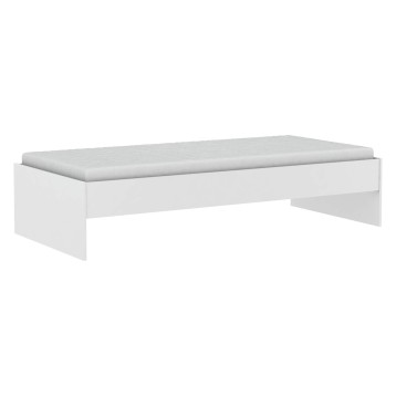 Cama individual blanca con estructura de madera y colchón gris claro vista lateral