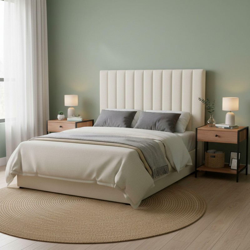 Cama tapizada con cabecero acolchado en crema y estructura de tela beige en dormitorio moderno