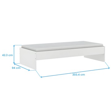 Cama individual blanca con colchón gris y estructura de madera vista en perspectiva