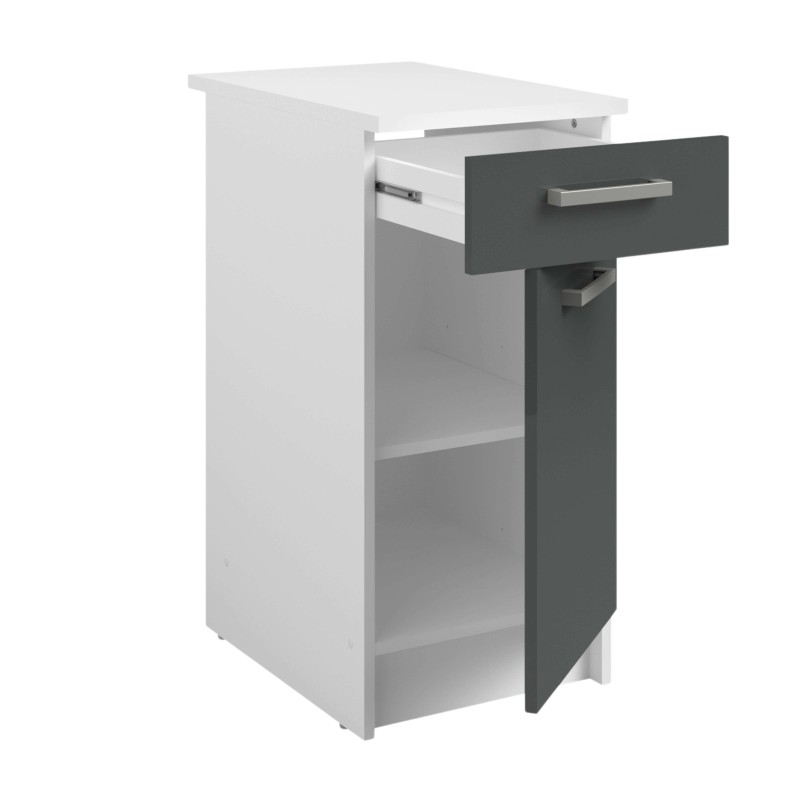 Mueble bajo cocina blanco y gris antracita con cajón y puerta abiertos mostrando estantes internos