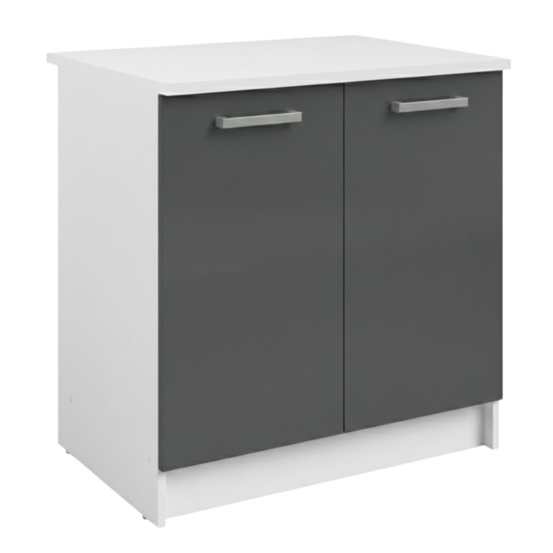 Mueble bajo cocina blanco y gris con encimera blanca y dos puertas con tiradores metálicos