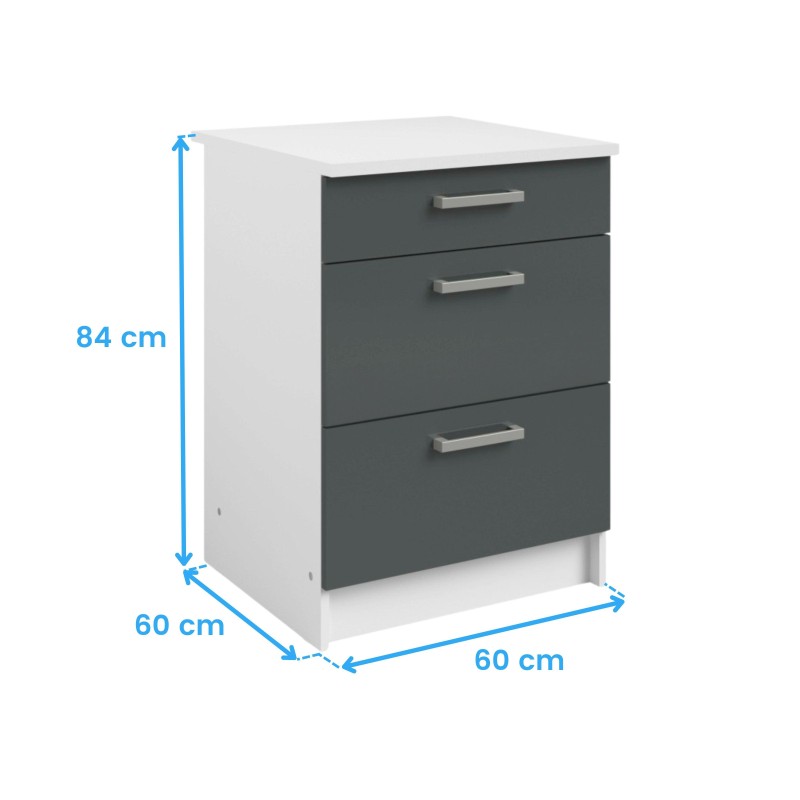 Mueble bajo cocina blanco y gris antracita con tres cajones y tirador metalizado