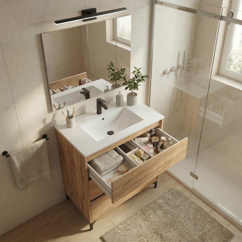 Mueble lavabo baño madera natural con encimera blanca y espejo integrado en ambiente completo