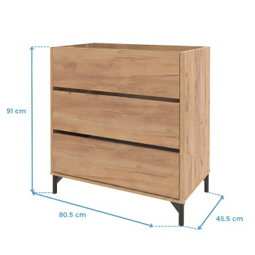 Mueble de baño de madera clara con tres cajones y  patas de metal oscuro