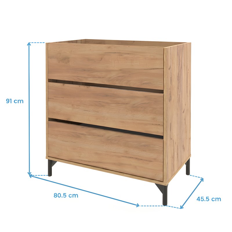 Mueble de baño de madera clara con tres cajones y  patas de metal oscuro