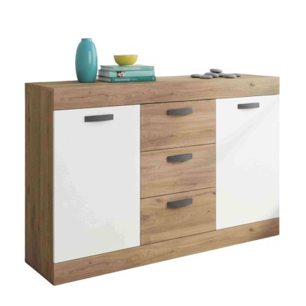 Aparador de madera natural y blanco con puertas y cajones centrales con tiradores negros