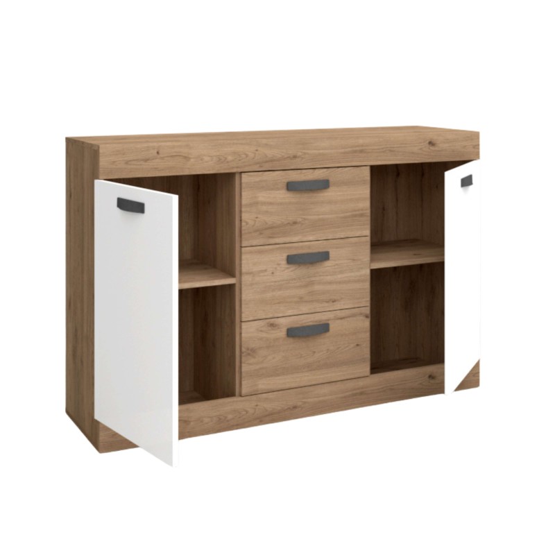 Aparador de madera roble con puerta blanca y tres cajones centrales con tirador gris y espacios abiertos laterales