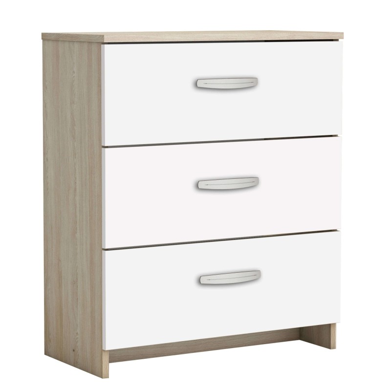 Cómoda de tres cajones con frentes blancos y laterales en madera clara con tiradores plateados