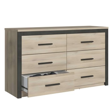 Cómoda de 6 cajones con estructura gris oscuro y frentes en color madera clara con tiradores negros